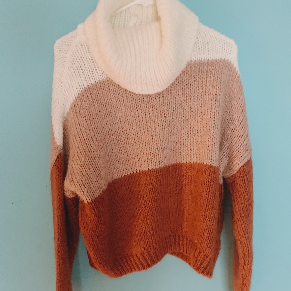 3 tone cowl neck knit sweater